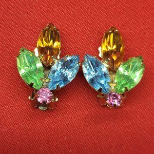 Vintage Gold Tone Multicolor Rhinestone Clip Earrings